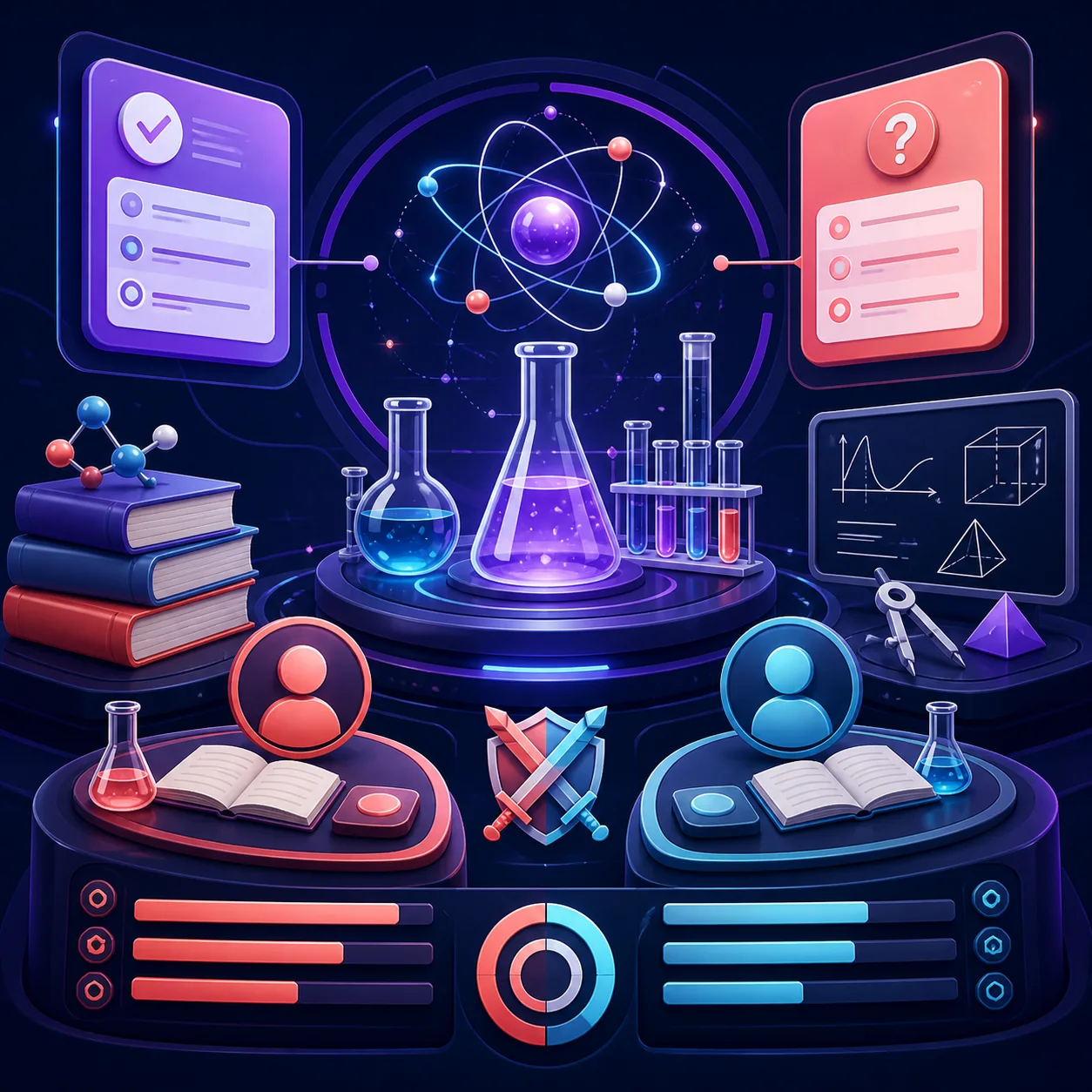 Futuristic Quanta Classes learning arena with a virtual science lab, quiz panels, books and balanced student challenge paths